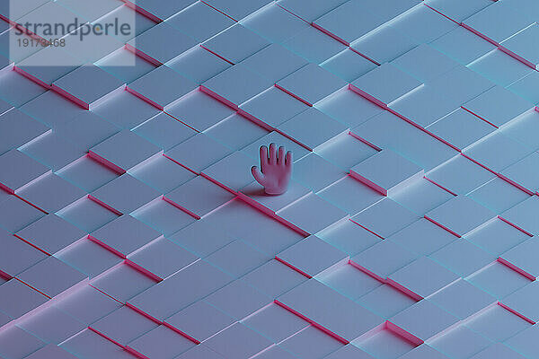 3D-Darstellung einer Hand  umgeben von grauen Quadraten