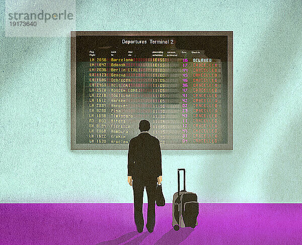 Illustration eines Mannes  der auf die Ankunfts- und Abflugtafel voller annullierter Flüge schaut