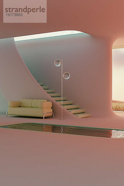 3D-Darstellung eines minimalistischen Interieurs mit Sofa  Stehlampe und Swimmingpool