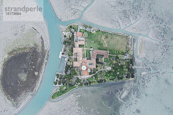 Italy  Friuli Venezia Giulia  Aerial view of Barbana island and Santuario di Barbana
