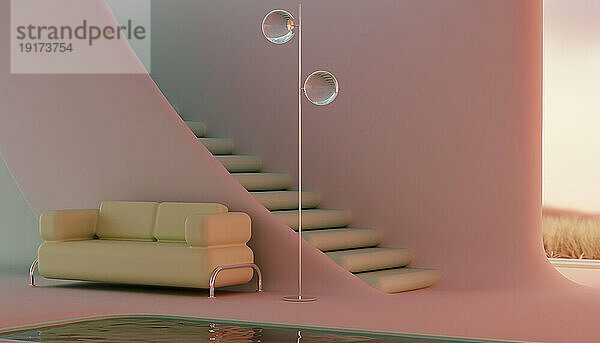 3D-Darstellung eines minimalistischen Interieurs mit Sofa und Stehlampe