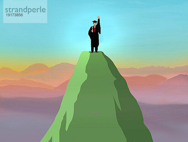 Illustration of university graduate waving from mountaintop at foggy dawn