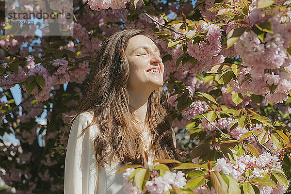 Glückliche Frau  die an einem sonnigen Tag in der Nähe eines blühenden Kirschbaums steht