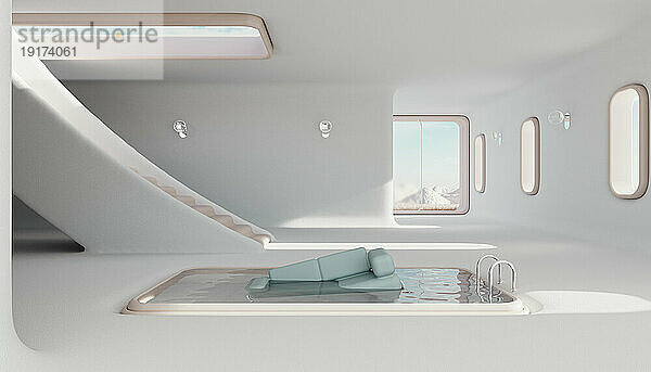 3D render of sofa floating in swimming pool placed in center of white painted minimalistic interior