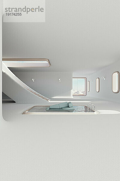 3D-Darstellung eines Sofas  das im Swimmingpool schwebt  platziert in der Mitte eines weiß gestrichenen  minimalistischen Innenraums