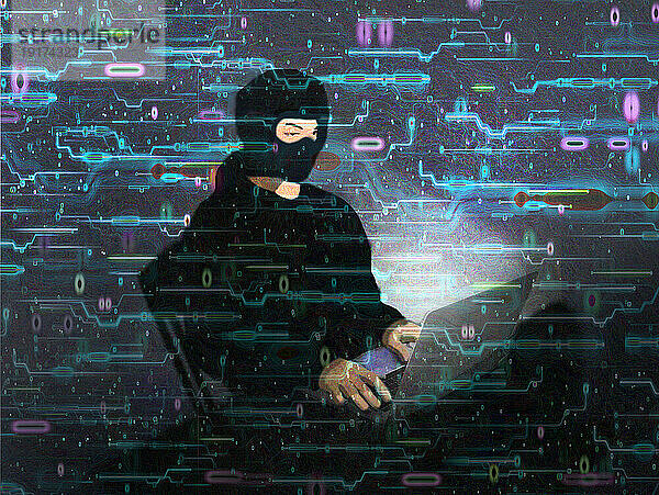 Illustration eines maskierten Hackers  der einen Laptop benutzt