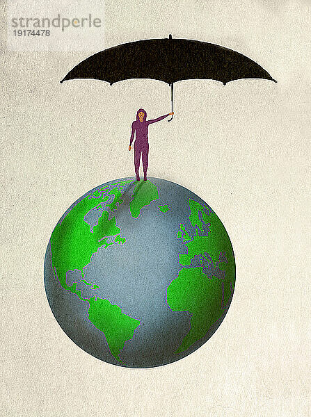 Illustration of woman standing on top of planet Earth with umbrella in hand