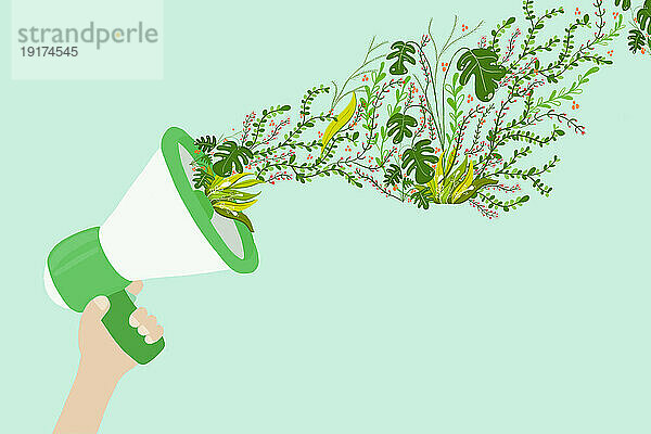 Illustration einer Hand  die ein Megaphon hält und grüne Pflanzen ausspuckt
