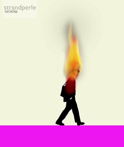 Illustration eines brennenden Geschäftsmannes  der vor gelbem Hintergrund geht