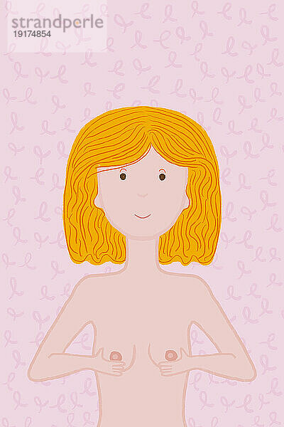 Blonde Frau untersucht Brüste vor rosa Hintergrund