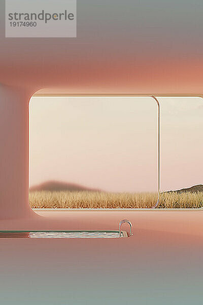 3D-Darstellung eines Fensters  das den minimalistischen Innenraum mit einem Swimmingpool in der Mitte beleuchtet