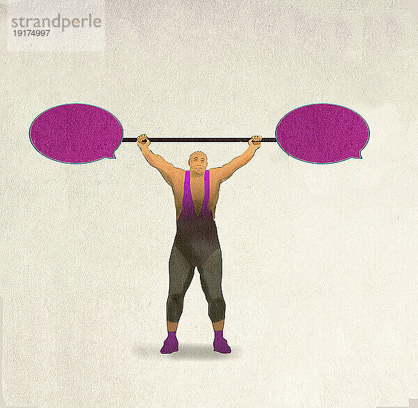 Illustration eines starken Mannes  der eine Hantel aus Sprechblasen hebt
