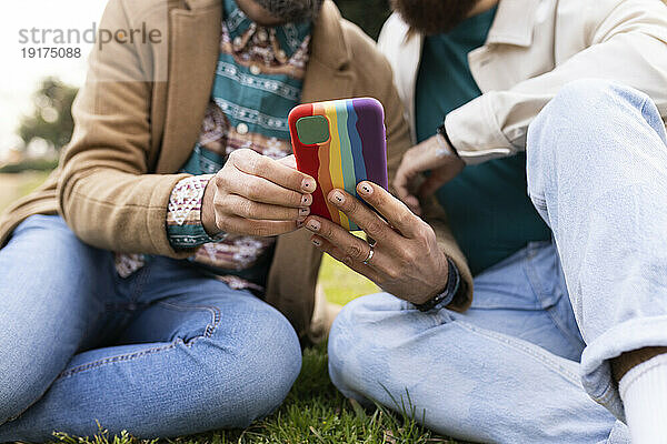 Schwules Paar benutzt Mobiltelefon im Park