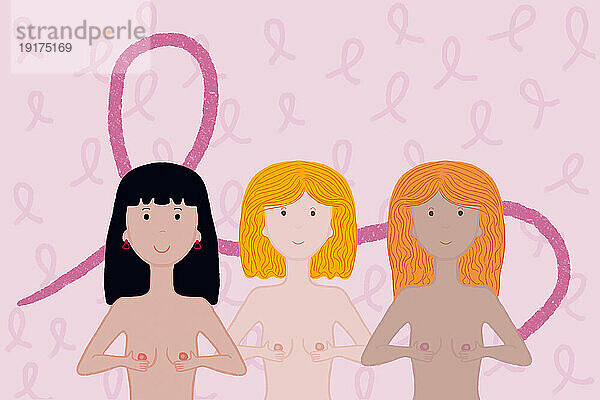 Naked multi racial women holding breasts against pink ribbon background