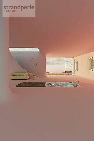 3D-Darstellung eines minimalistischen Innenraums mit Swimmingpool in der Mitte