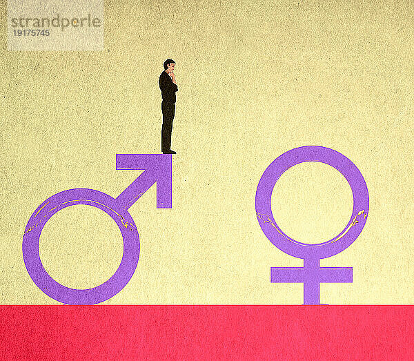 Verwirrter Mann blickt vom Rand des männlichen Symbols auf das weibliche Symbol