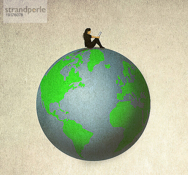 Illustration of woman reading book on top of world
