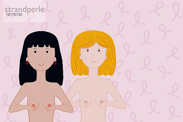Frauen untersuchen Brüste vor einem Hintergrund mit rosa Bandmuster