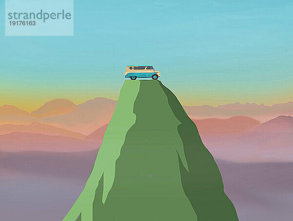 Illustration eines Lieferwagens  der auf einem Berggipfel steht