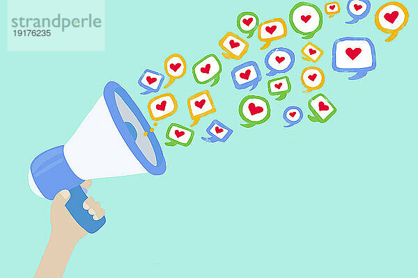 Illustration of hand holding megaphone spewing heart shaped social media icons