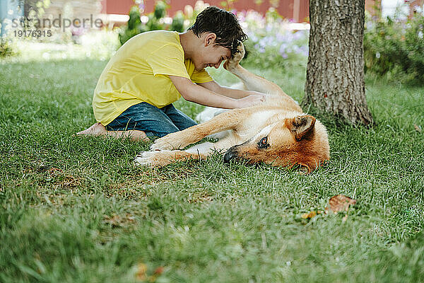 Boy playing with dog lying on grass in backyard