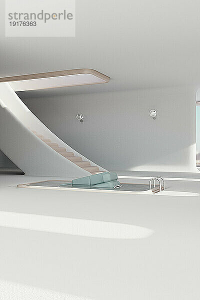 3D-Darstellung eines Sofas  das im Swimmingpool schwebt  platziert in der Mitte eines weiß gestrichenen minimalistischen Interieurs