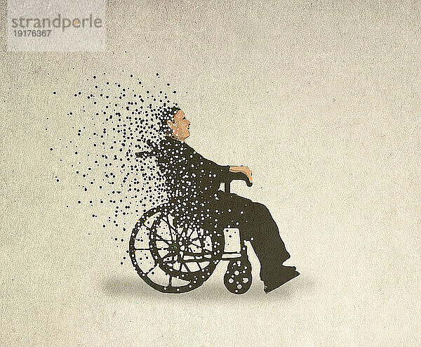 Illustration eines Mannes  der im Rollstuhl sitzt und auseinanderfällt