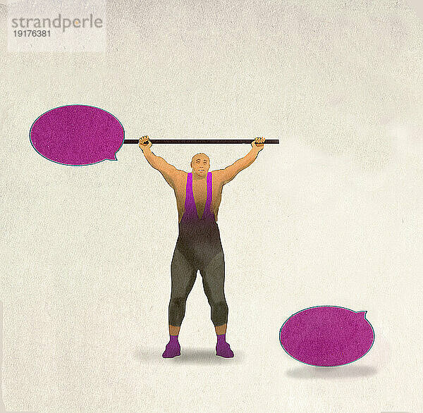 Illustration eines starken Mannes  der eine Hantel aus Sprechblasen hebt  wobei ein Ende abgebrochen ist