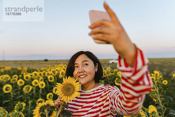 Lächelnde Frau mit Sonnenblume macht ein Selfie mit dem Handy im Feld