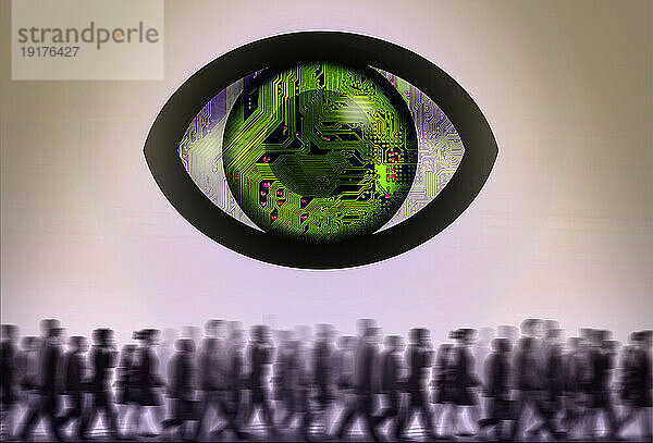 Electronic eye surveilling crowd of people