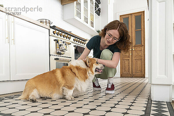 Young woman caressing Pembroke Welsh Corgi dog in kitchen