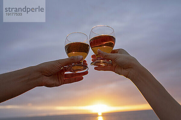 Hands of girlfriend and boyfriend toasting wineglasses at sunset