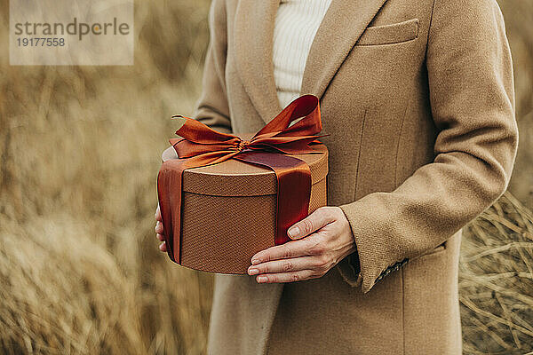 Hände einer Frau  die eine Geschenkbox im Feld hält