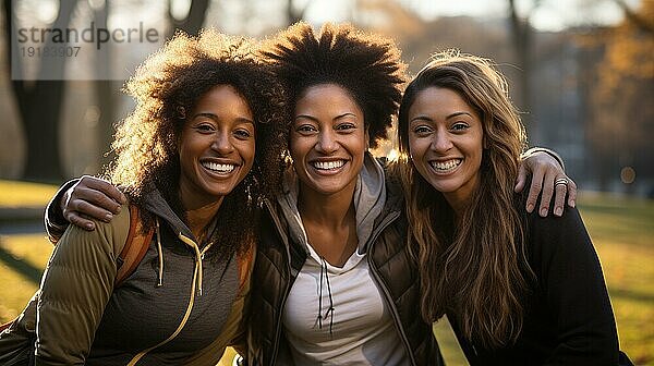 Drei afroamerikanische Freundinnen treffen sich im Park zum Sport. generative AI