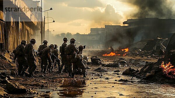 Soldaten mit Gewehren  die durch die Straßen einer verwüsteten Stadt inmitten des Krieges rennen. generative KI