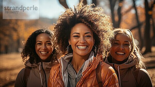 Drei afroamerikanische Freundinnen treffen sich im Park zum Sport. generative AI