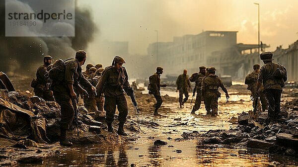 Soldaten mit Gewehren  die durch die Straßen einer verwüsteten Stadt inmitten des Krieges rennen. generative KI