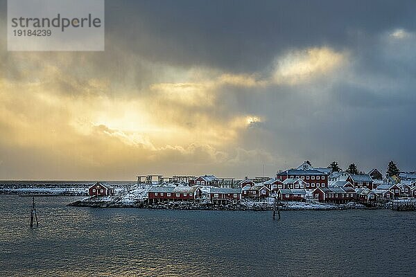 Fischerort Reine bei Sonnenaufgang  Moskenesøya  Lofoten  Norwegen  Europa