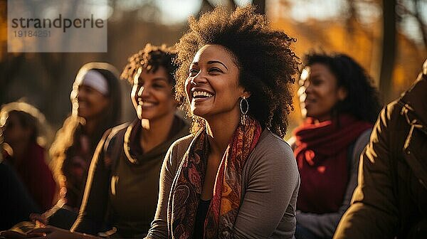 Mehrere afroamerikanische Freundinnen treffen sich im Park zu einer Yoga Übung. generative AI