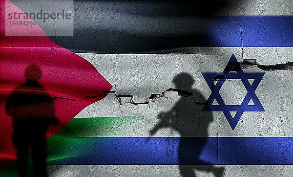 Krieg zwischen Palästina und Israel. Silhouette von Soldaten in Palästina gegen Israel. Israel vs Palästina Flagge auf rissige Wand