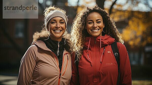 Fröhliche  gemischtrassige Freundinnen  die gemeinsam einen gesunden Lauf im Park genießen. generative AI