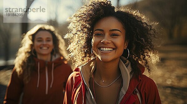 Glückliche afroamerikanische Freundinnen  die gemeinsam einen gesunden Lauf im Park genießen. generative AI