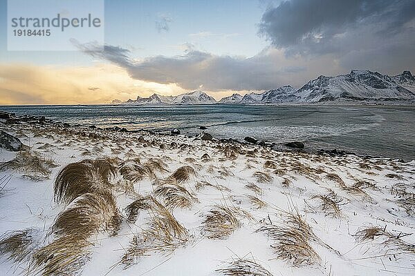 Küste am Strand von Fredvang  verschneite Berge  Lofoten  Norwegen  Europa