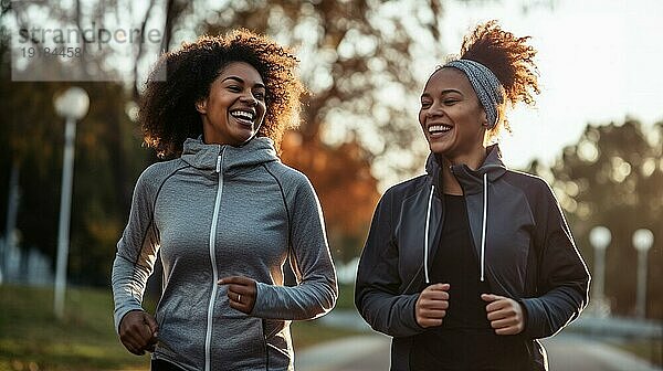 Fröhliche  gemischtrassige Freundinnen  die gemeinsam einen gesunden Lauf im Park genießen. generative AI