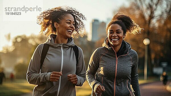 Glückliche afroamerikanische Freundinnen  die gemeinsam einen gesunden Lauf im Park genießen. generative AI