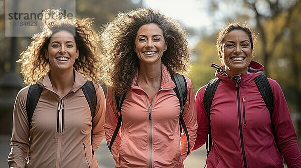 Fröhliche  gemischtrassige Freundinnen  die gemeinsam einen gesunden Lauf im Park genießen. generative AI