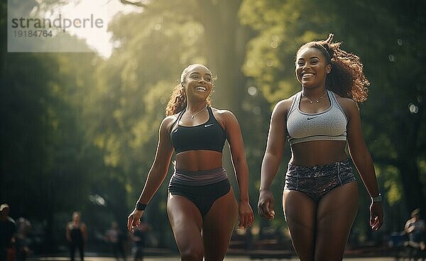 Glückliche afroamerikanische Freundinnen  die gemeinsam einen gesunden Lauf im Park genießen. generative AI