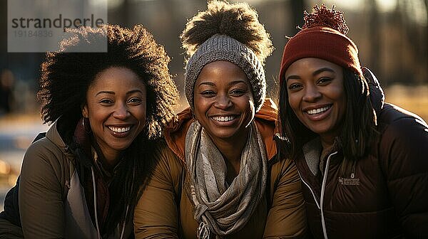 Drei afroamerikanische Freundinnen treffen sich im Park zum Sport. generative AI