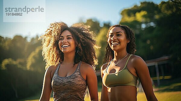 Glückliche afroamerikanische Freundinnen  die gemeinsam einen gesunden Lauf im Park genießen. generative AI