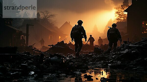 Soldaten mit Gewehren  die durch die Straßen einer verwüsteten Stadt inmitten des Krieges rennen. generative KI